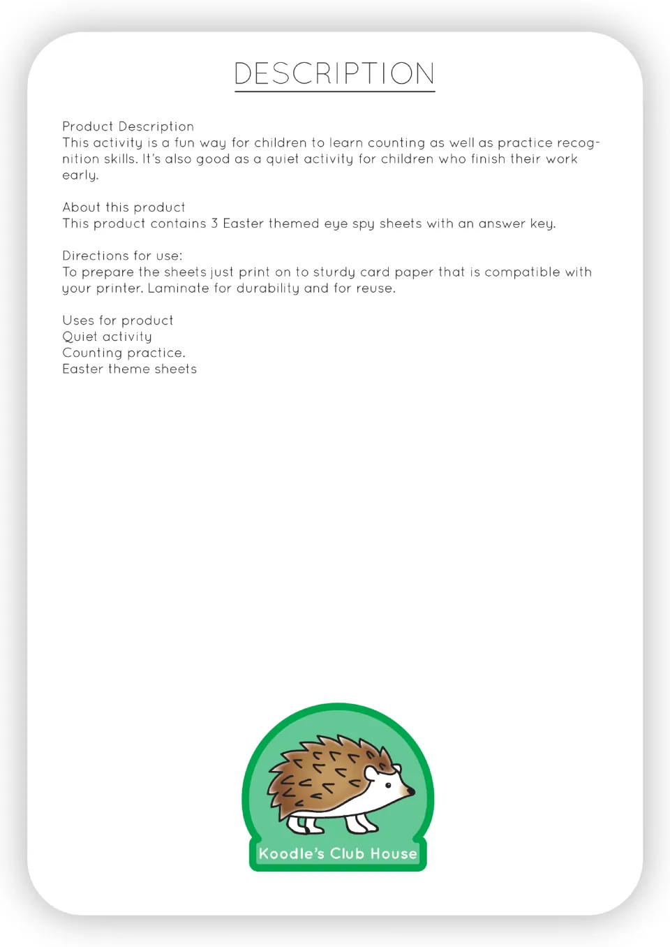 Product description: three Easter eye spy sheets with an answer key for counting and recognition; print and laminate