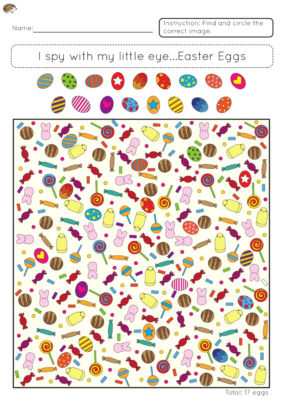 I spy Easter eggs: students find and circle 17 patterned eggs hidden among candy, lollipops and marshmallow bunnies