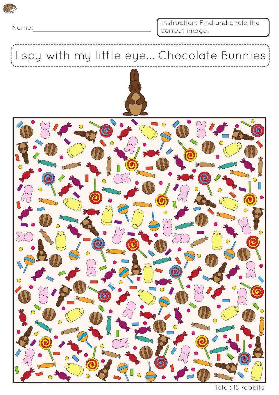 I spy chocolate bunnies: students find and circle 15 chocolate rabbits scattered among wrapped sweets, lollipops and chicks