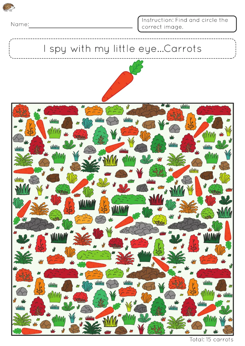 I spy carrots: students find and circle 15 orange carrots hidden among bushes, grass, rocks and plants in a garden scene