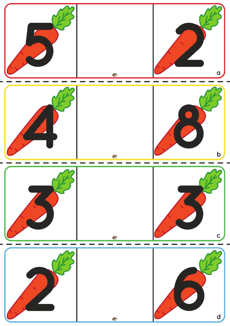 Comparing numbers cards a-d: students clip a bunny >, < or = between carrot pairs 5 and 2, 4 and 8, 3 and 3, 2 and 6