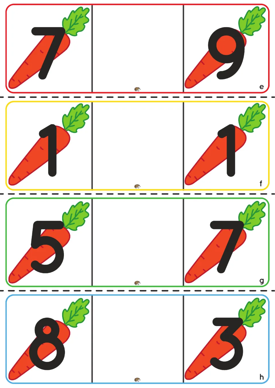 Comparing numbers task cards e-h: carrot pairs 7 and 9, 1 and 1, 5 and 7, 8 and 3 to compare with the bunny symbols