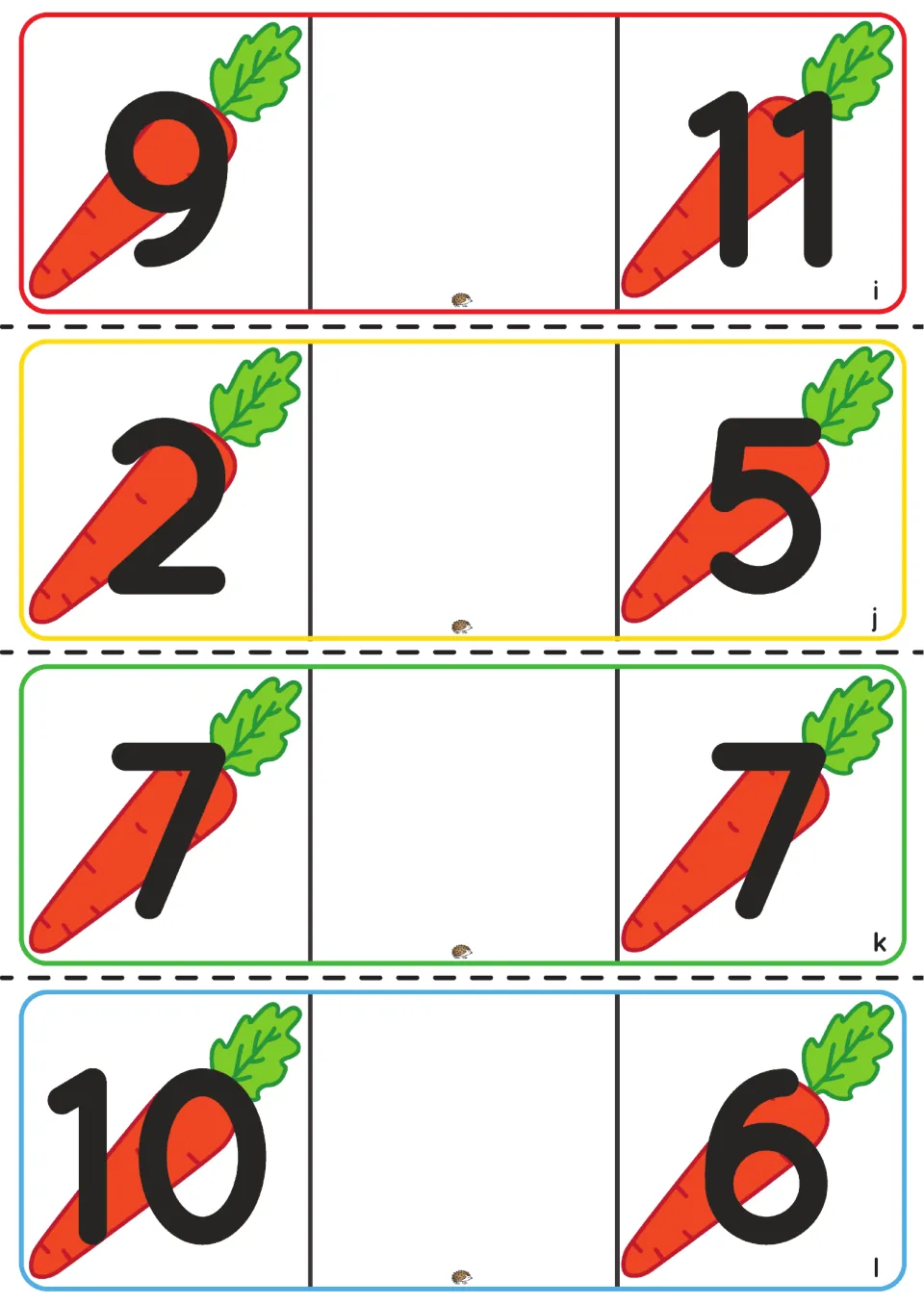 Comparing numbers cards i-l: students decide greater, less or equal for carrot pairs 9 and 11, 2 and 5, 7 and 7, 10 and 6