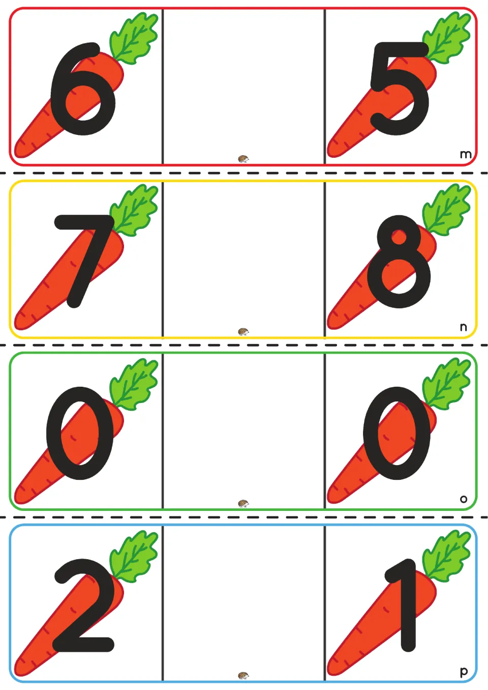 Comparing numbers task cards m-p: carrot pairs 6 and 5, 7 and 8, 0 and 0, 2 and 1 for choosing the >, < or = bunny card