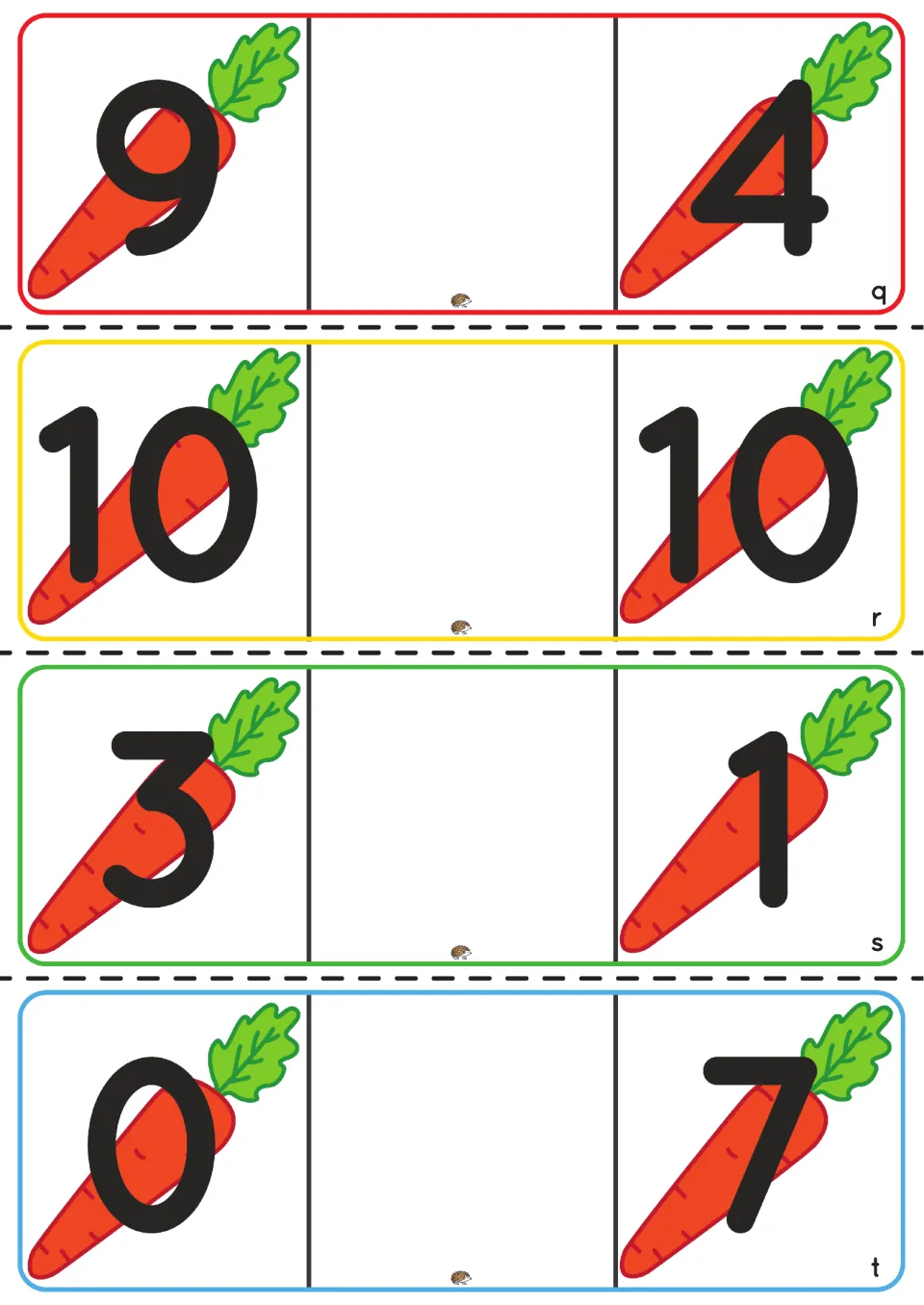 Comparing numbers task cards q-t: students compare carrot pairs 9 and 4, 10 and 10, 3 and 1, 0 and 7 using bunny symbols