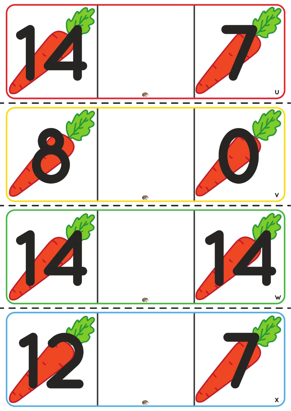 Comparing numbers task cards u-x with teen numbers: carrot pairs 14 and 7, 8 and 0, 14 and 14, 12 and 7 for >, < or =