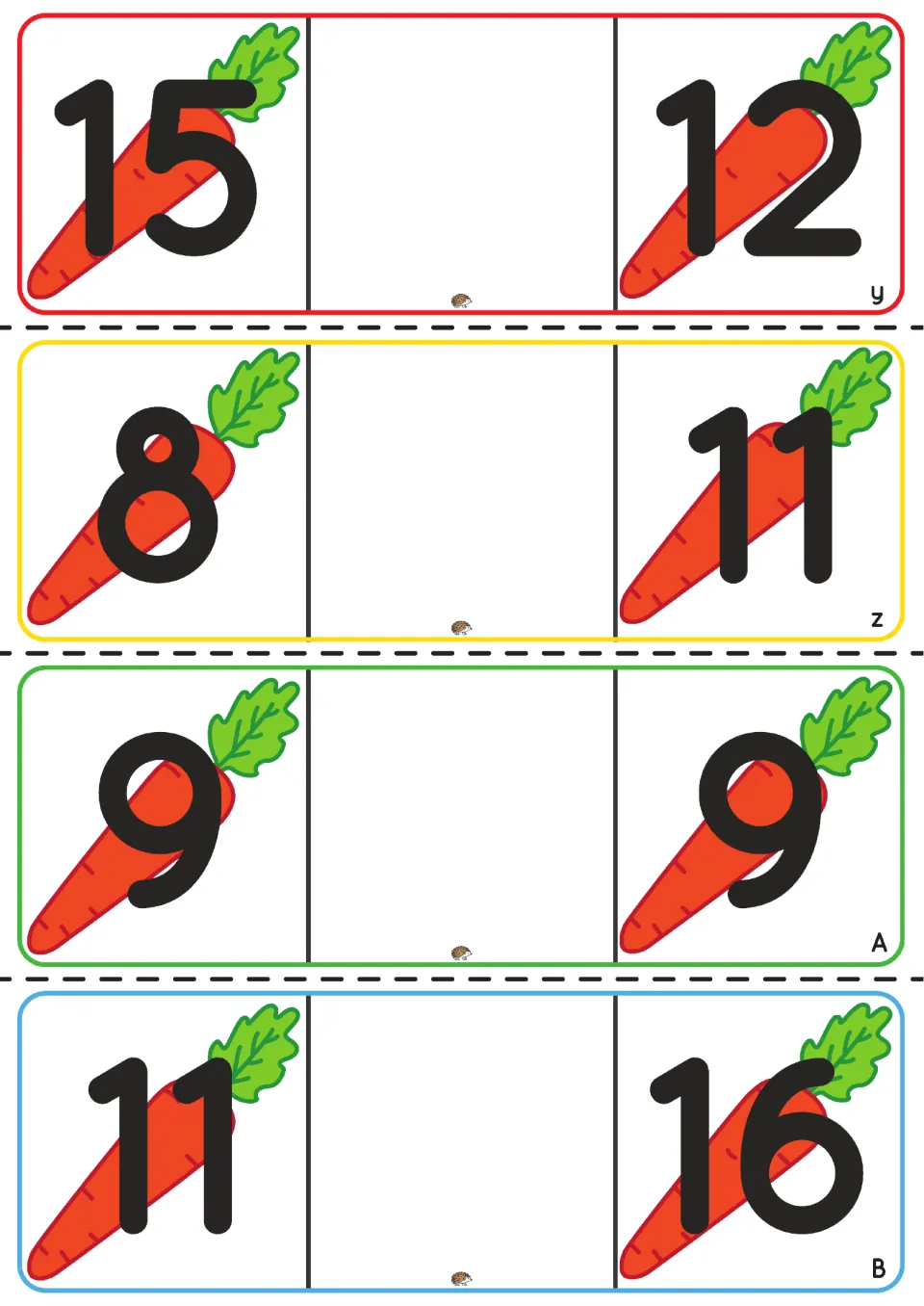 Comparing numbers cards y-B: students compare carrot pairs 15 and 12, 8 and 11, 9 and 9, 11 and 16 with a bunny symbol