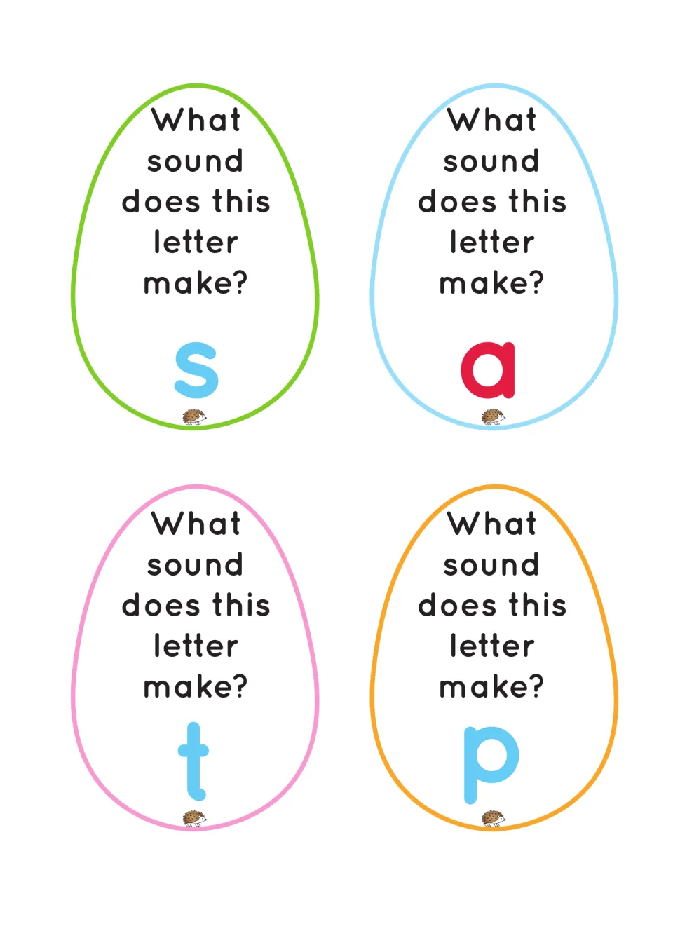 Four egg task cards for the phonics game ask what sound each of the letters s, a, t, and p makes