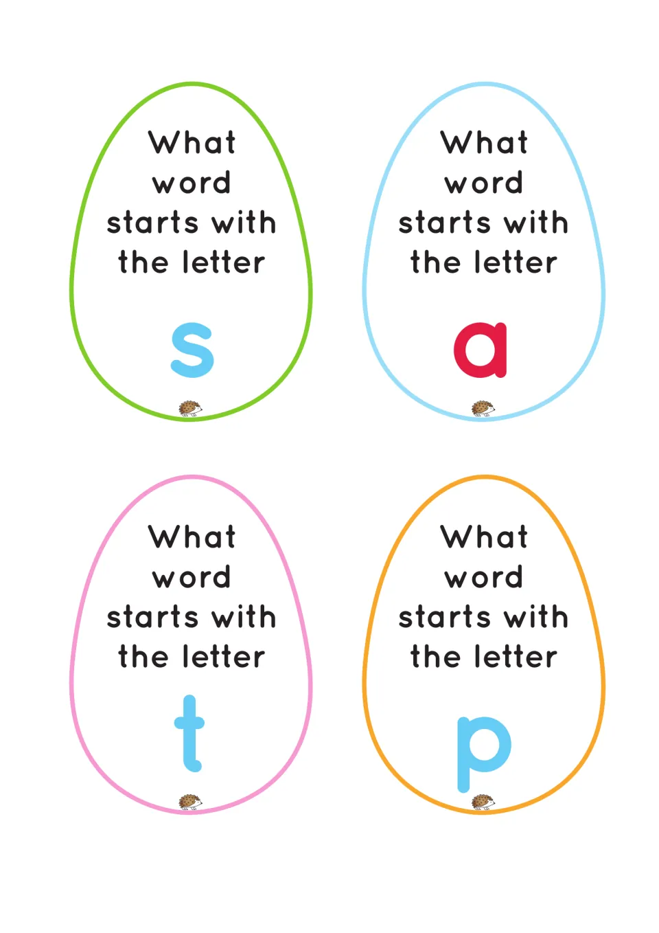 Four egg task cards for the phonics game ask children to give words starting with s, a, t, and p