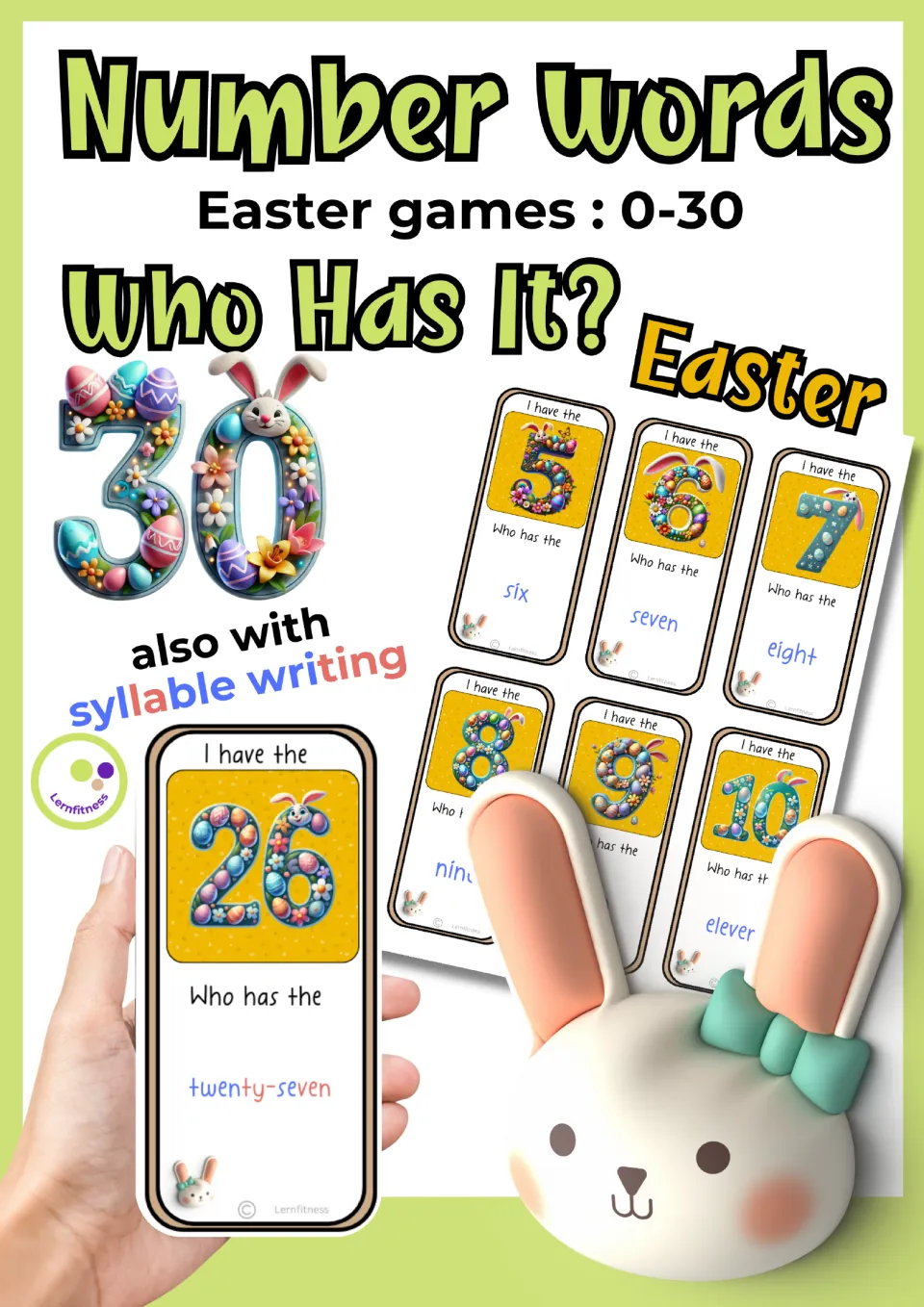 Cover of the Easter number-word game for 0–30, showing sample cards and an option with syllable coloring