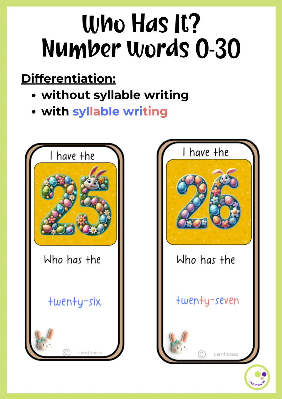 Differentiation guide compares number-word cards 25 and 26, showing versions with and without syllable coloring