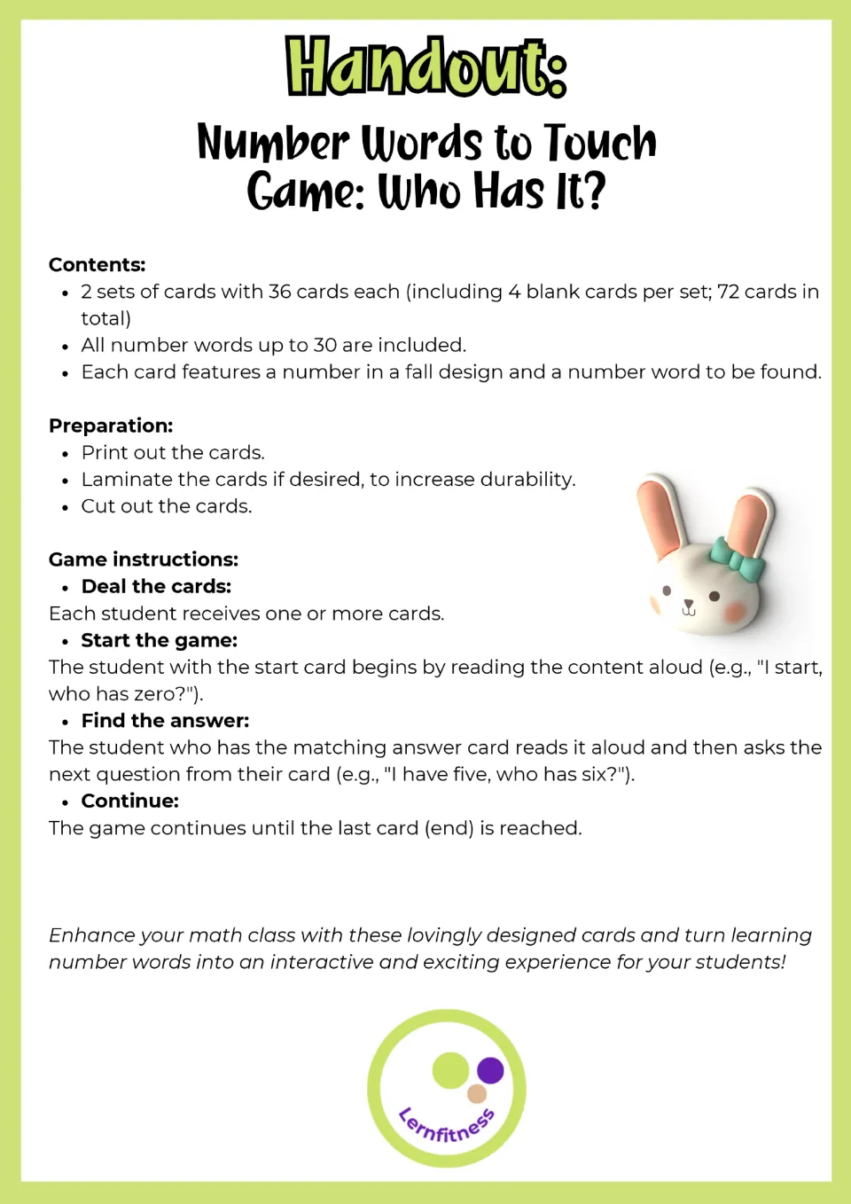 Game instructions list two 36-card sets and explain printing, cutting, dealing, and reading matching cards aloud