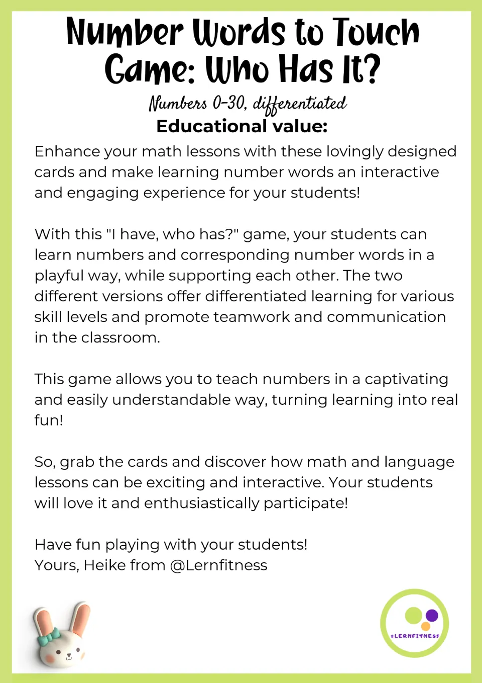 Teaching overview explains matching numbers 0–30 to number words, differentiated versions, and teamwork
