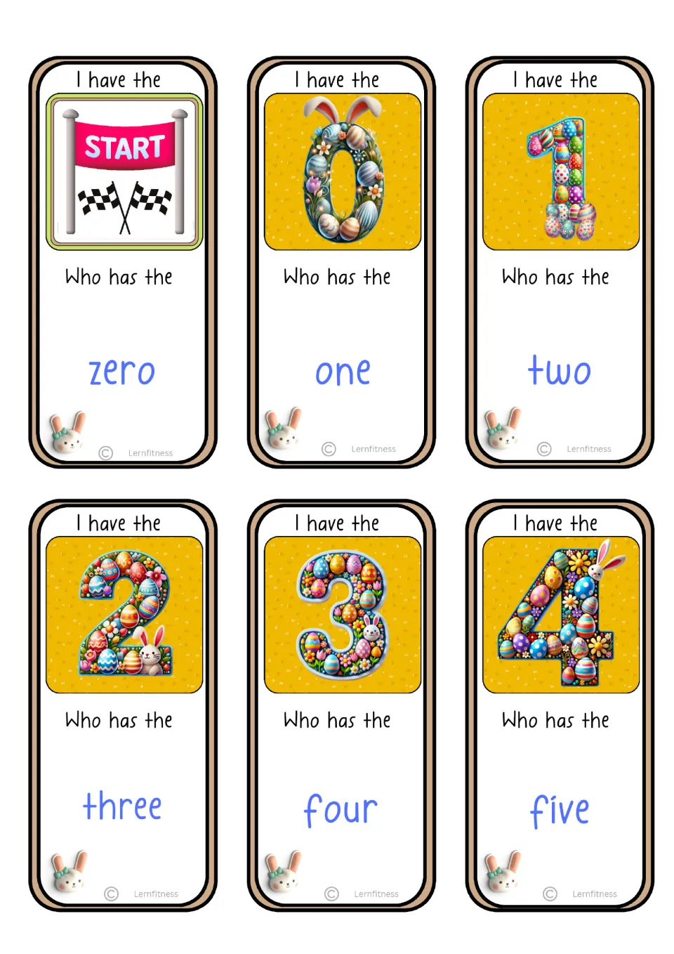 First six game cards include the start card and numerals 0–4, with number-word prompts from zero to five