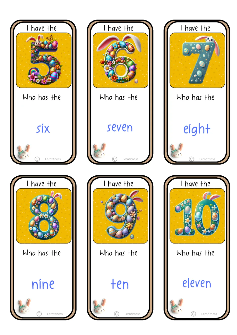 Six number-word game cards show numerals 5–10 and ask who has six, seven, eight, nine, ten, and eleven