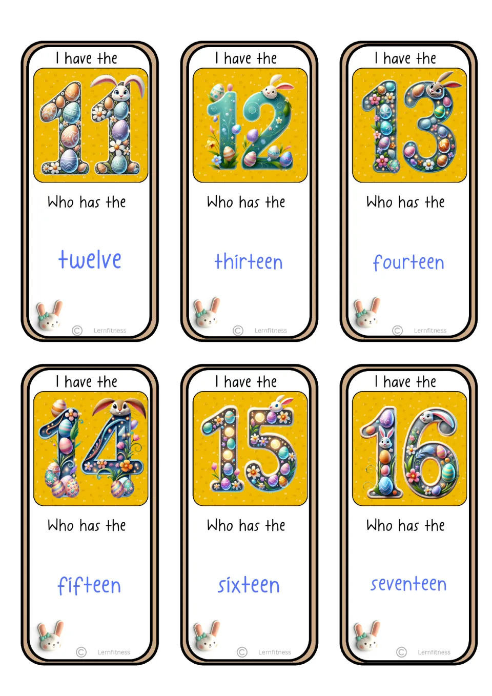 Six number-word game cards show numerals 11–16, each asking for the next number word, twelve through seventeen