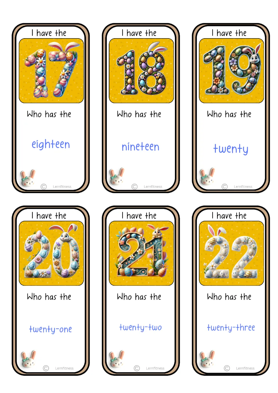 Six number-word game cards show numerals 17–22, with prompts running from eighteen through twenty-three