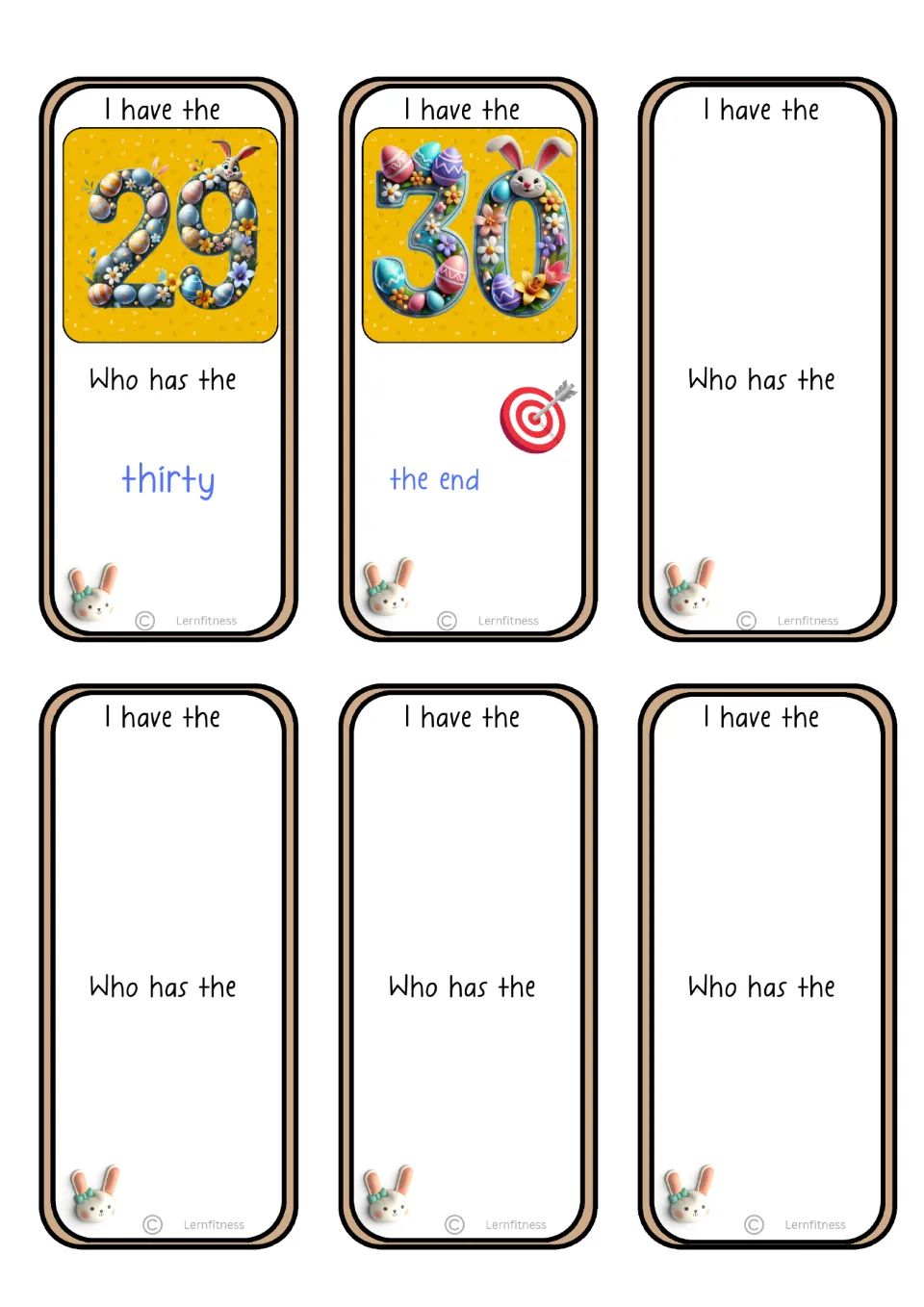 Final six cards include 29 asking for thirty, 30 marked the end, and four blank cards with game prompts
