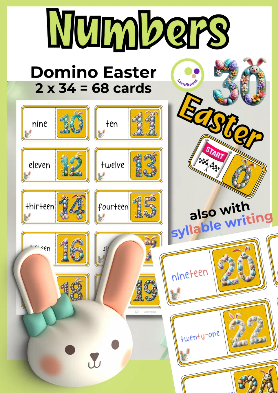 Easter number domino game cover showing sample cards and announcing 68 cards, including syllable writing