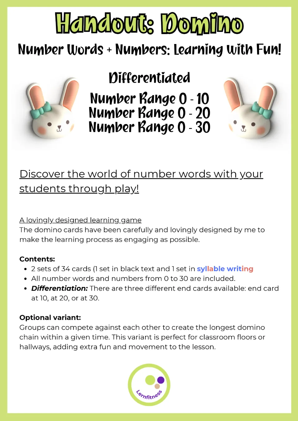 Domino overview lists two sets of 34 cards, number ranges 0–10, 0–20, and 0–30, and a timed team variant