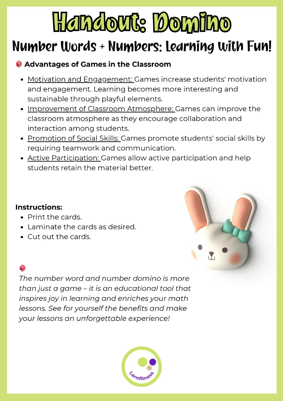 Domino handout lists classroom game benefits and preparation steps: print, optionally laminate, and cut