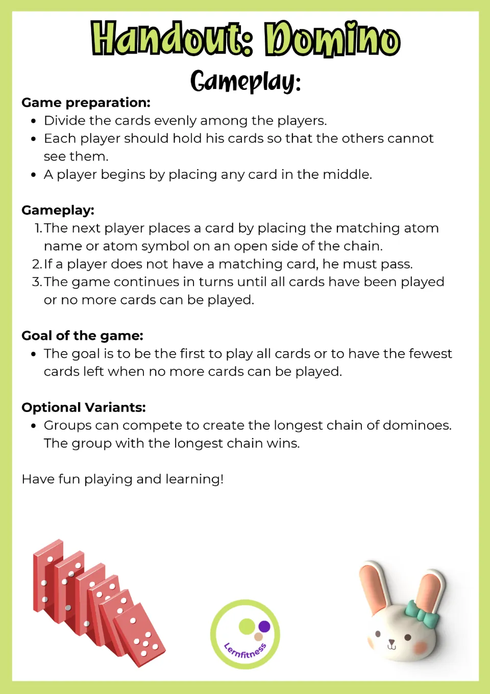 Domino gameplay instructions cover dealing cards, taking turns, passing, winning, and a longest-chain variant