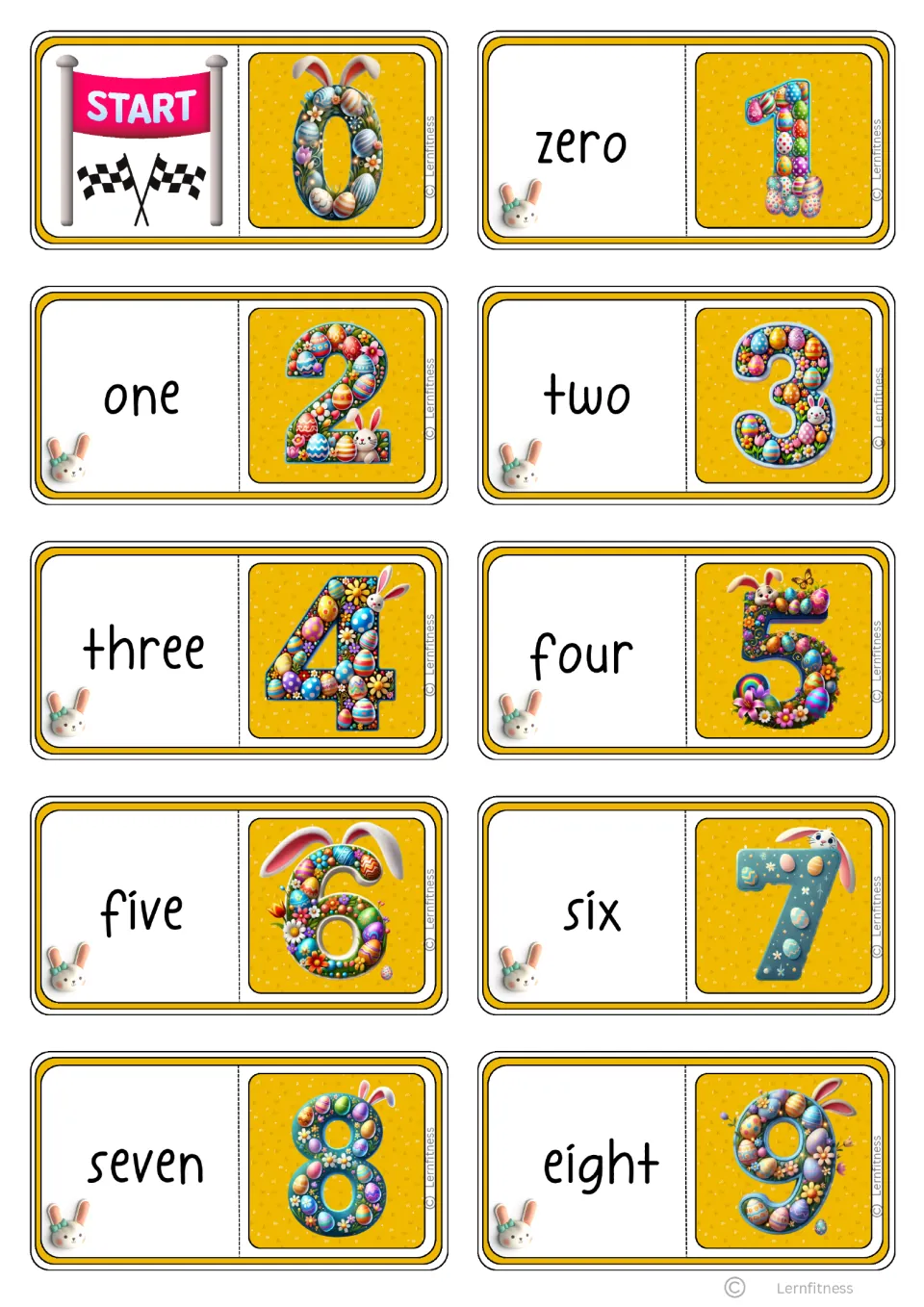 First black-text domino sheet has 10 cards: START paired with 0, then number words zero–eight with digits 1–9