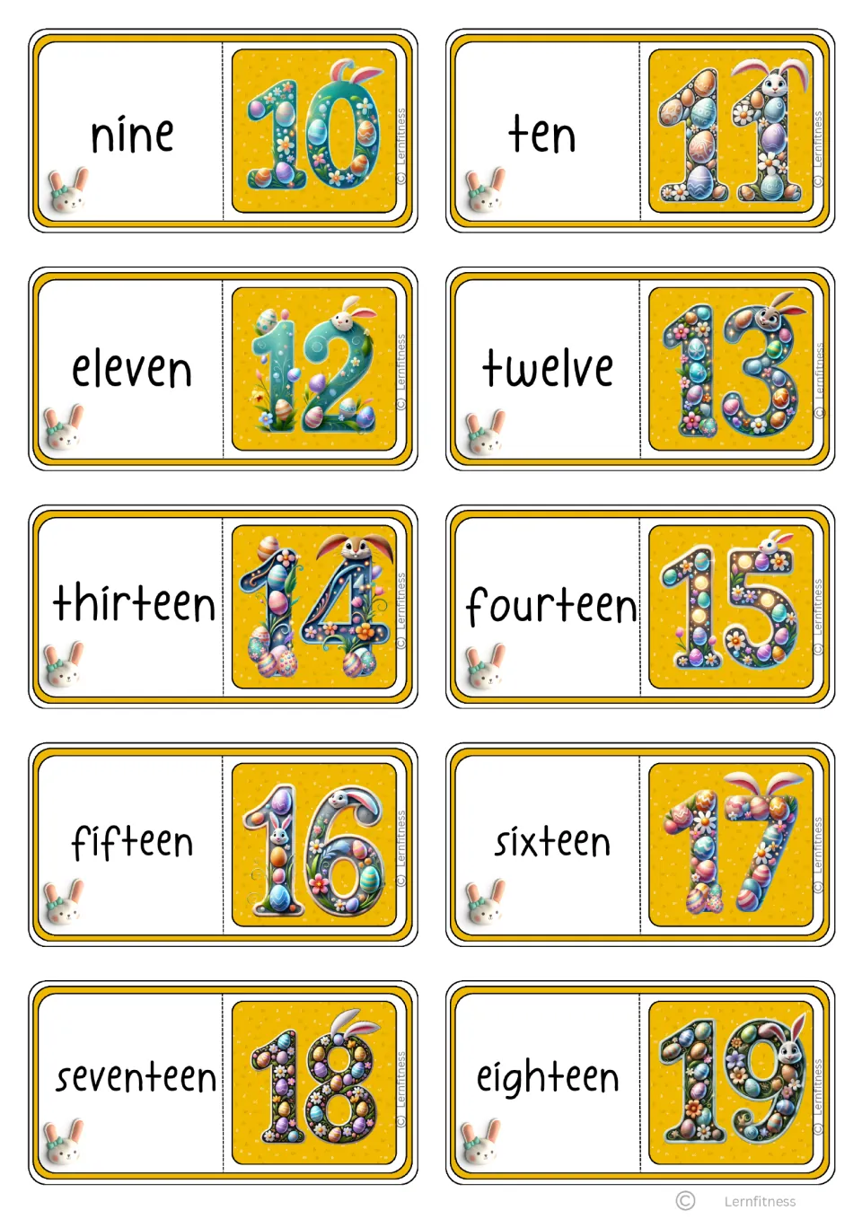 Second black-text domino sheet has 10 cards pairing number words nine–eighteen with the next digits, 10–19