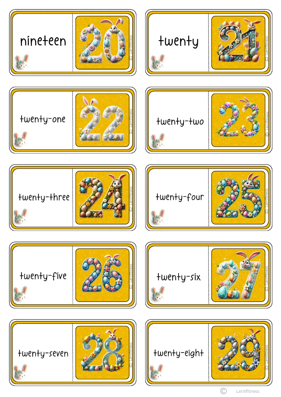 Third black-text domino sheet has 10 cards pairing words nineteen–twenty-eight with the next digits, 20–29