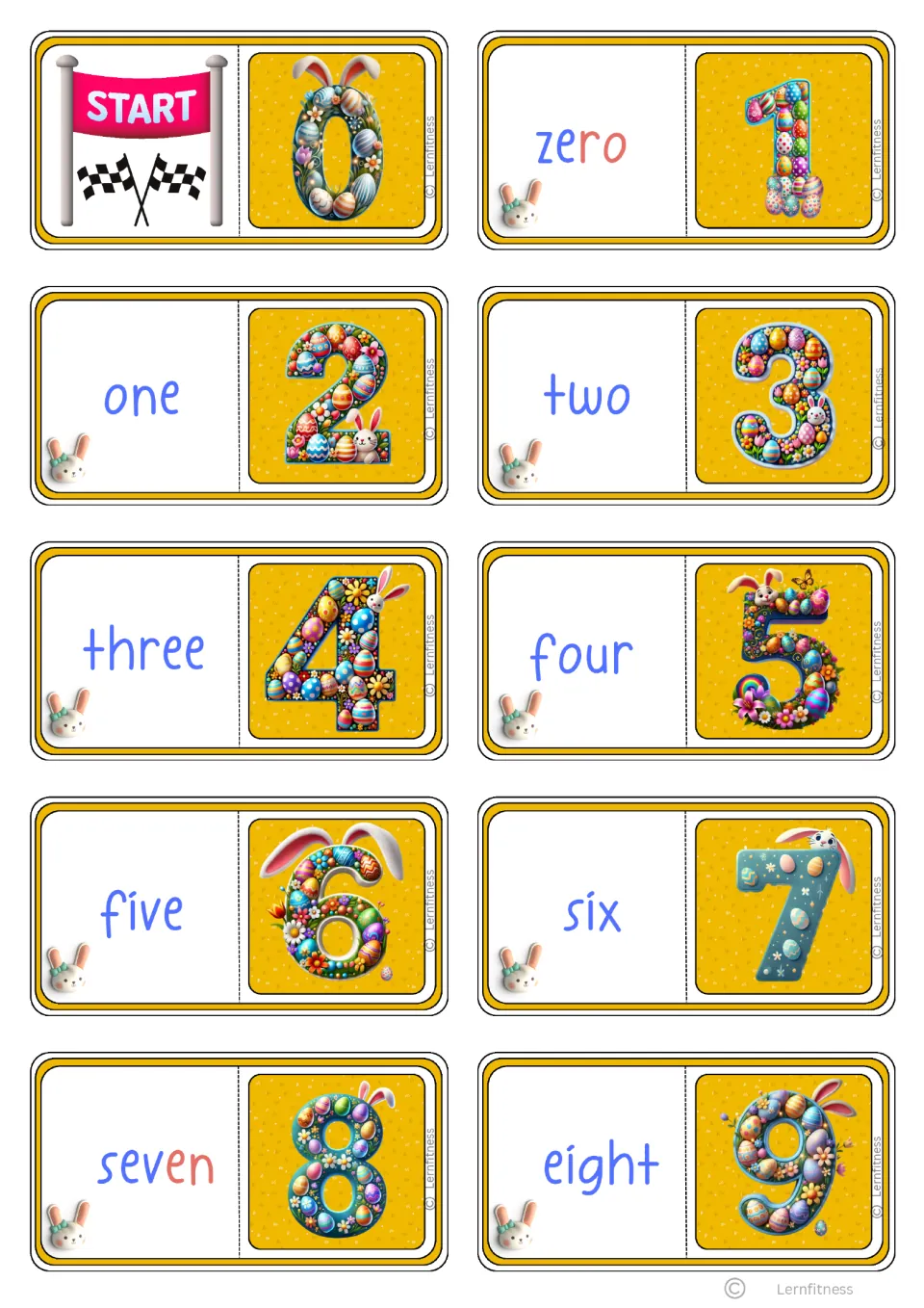 First syllable-color domino sheet has 10 cards: START paired with 0, then words zero–eight with digits 1–9