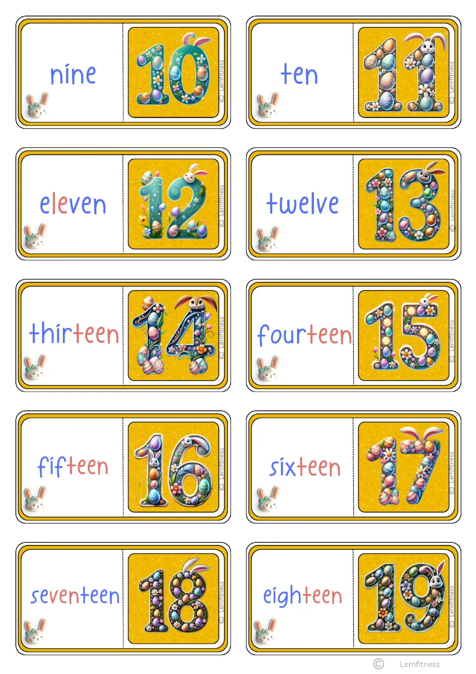 Second syllable-color domino sheet has 10 cards pairing words nine–eighteen with the next digits, 10–19