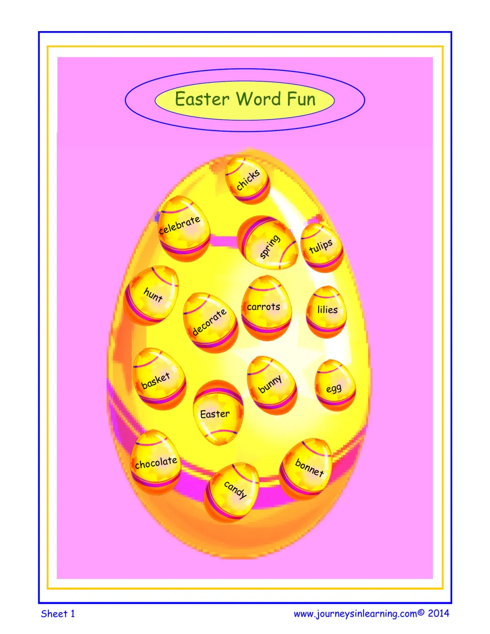 Easter vocabulary word bank: 15 words such as chicks, bonnet, tulips and hunt printed on eggs on a pink background