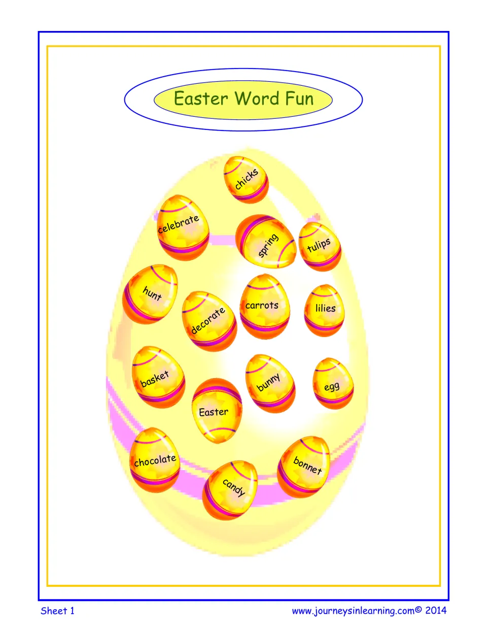Low-ink Easter vocabulary word bank: 15 egg words, including basket, candy, lilies and spring, inside a pale egg