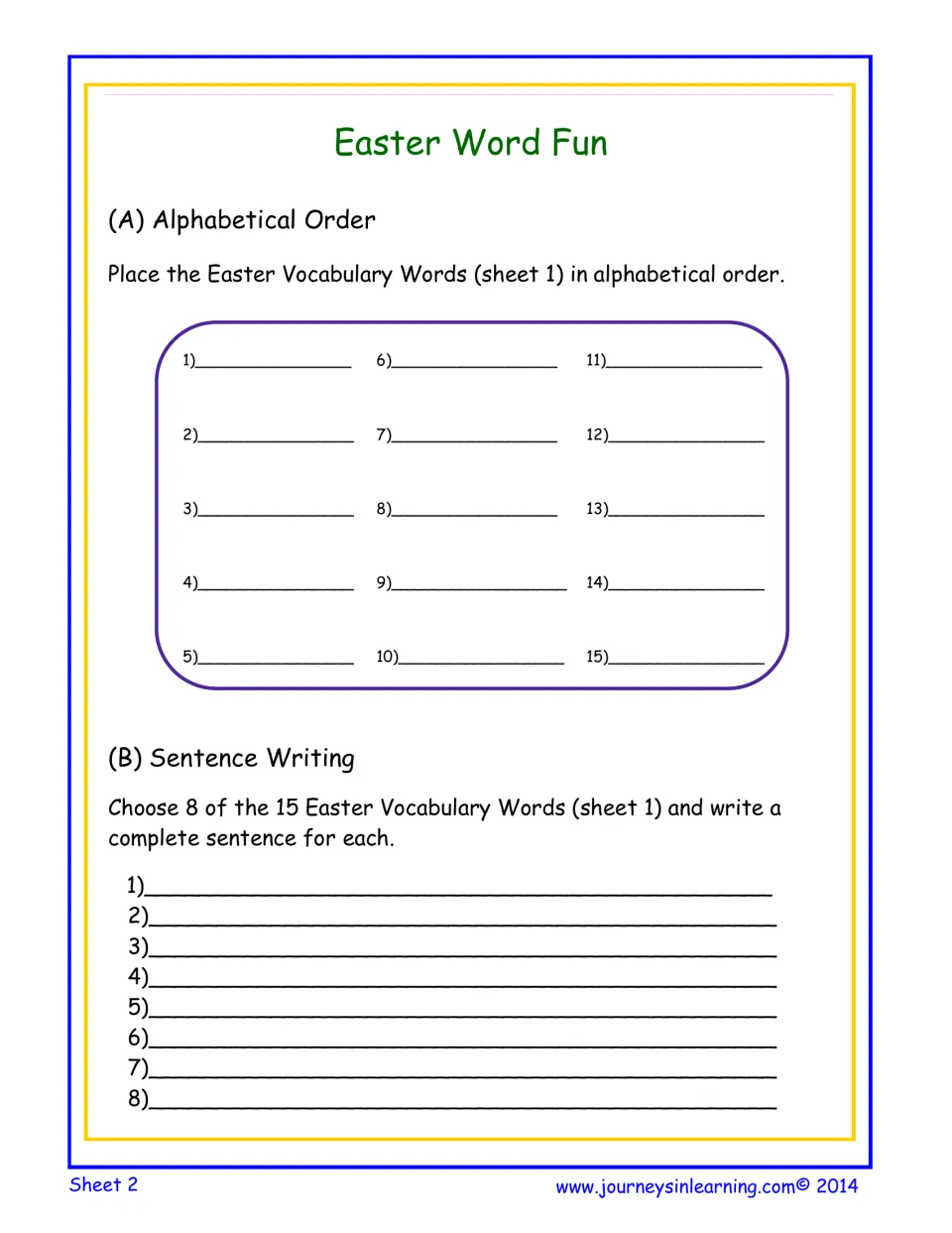 Alphabetizing and sentence writing: students order the 15 Easter words and write 8 complete sentences with them