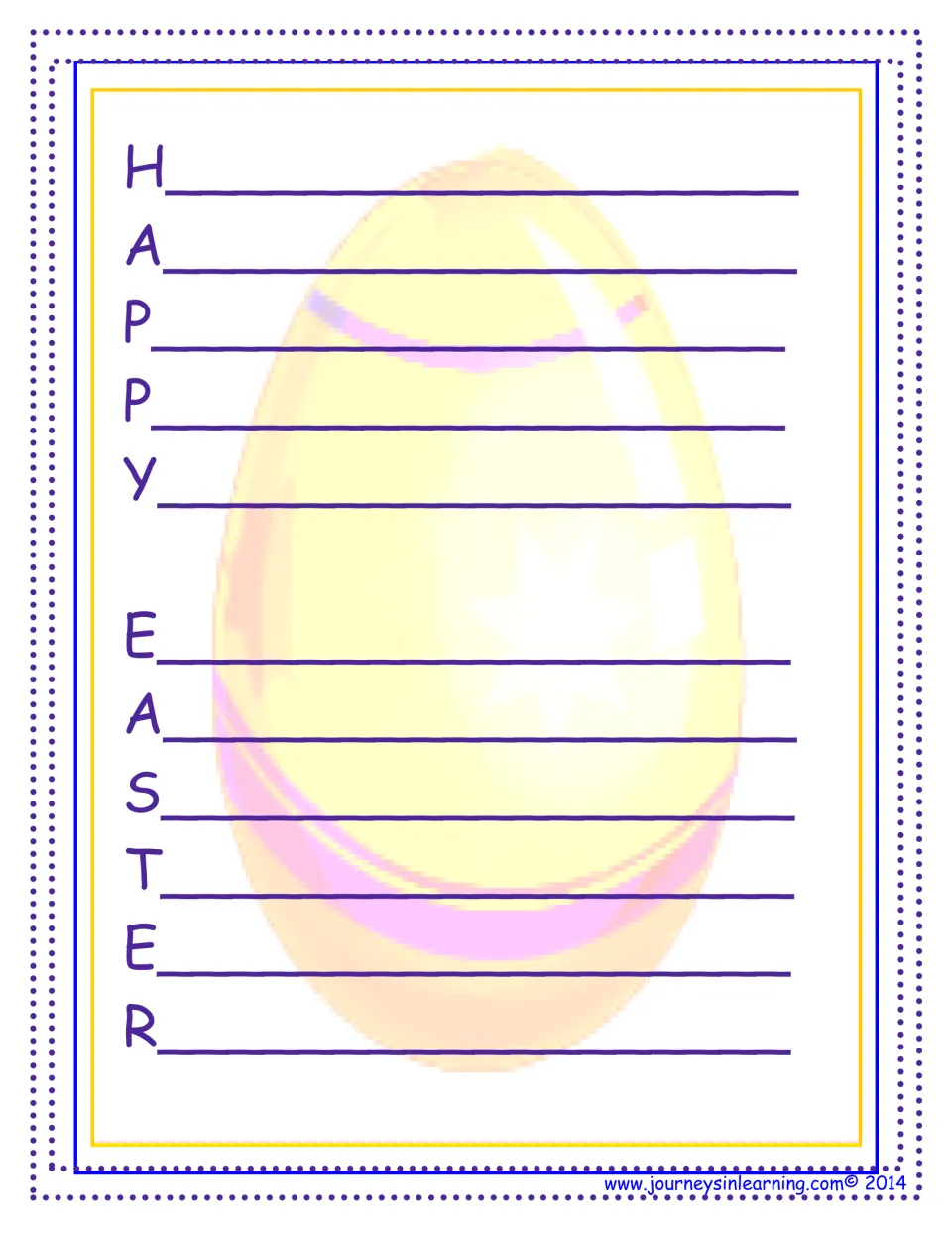 HAPPY EASTER acrostic poem: students write a word or line beginning with each letter of the phrase, over a faded egg