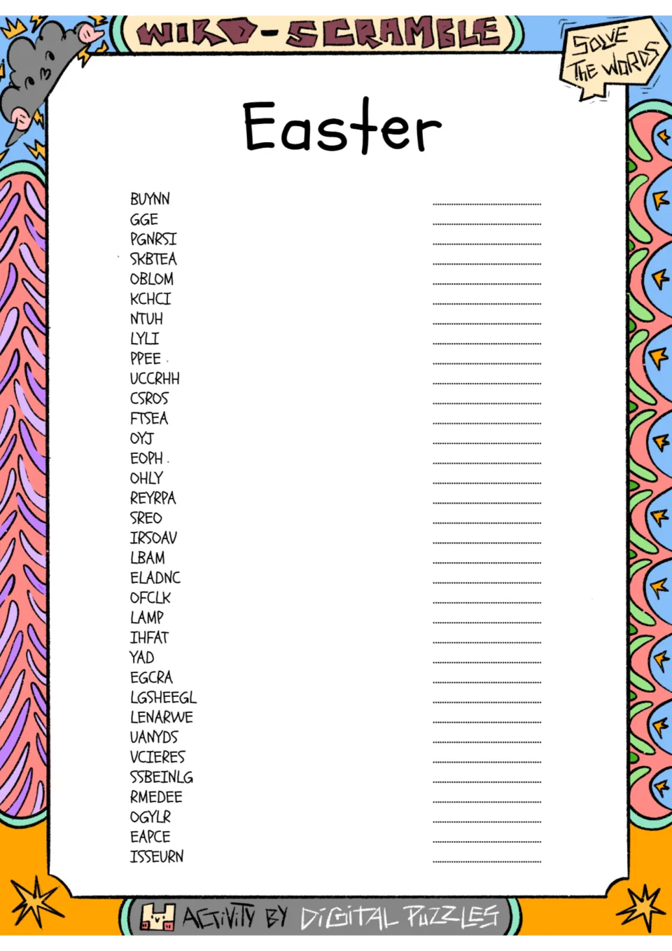 Easter word scramble: students unscramble 34 holiday words such as BUYNN, GGE and PGNRSI, writing each word on its line