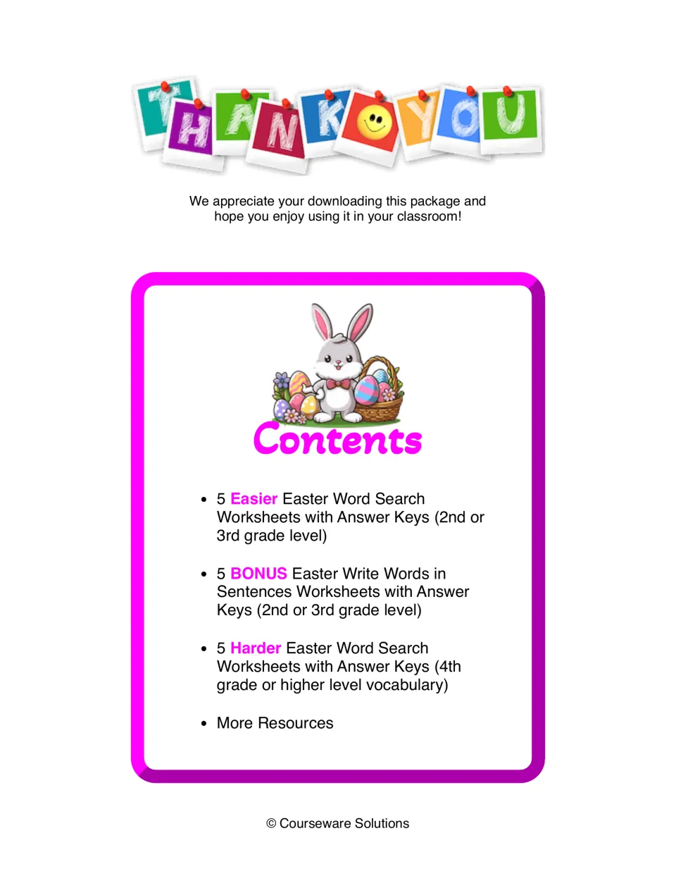 Thank-you note and contents list: easier and harder Easter word searches, bonus sentence-writing pages, all with keys