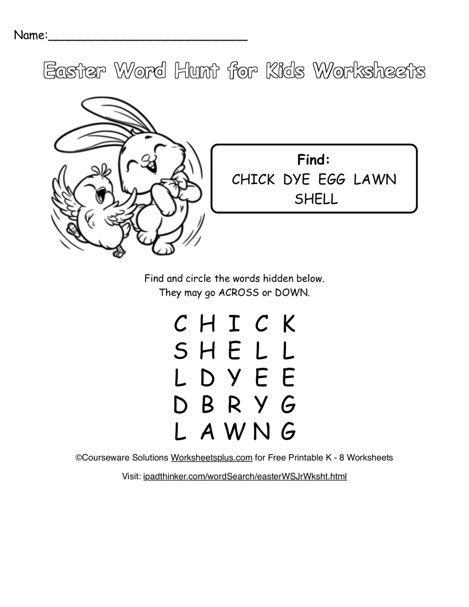 Easter word hunt: students find and circle chick, dye, egg, lawn and shell across or down in a 5-by-5 letter puzzle