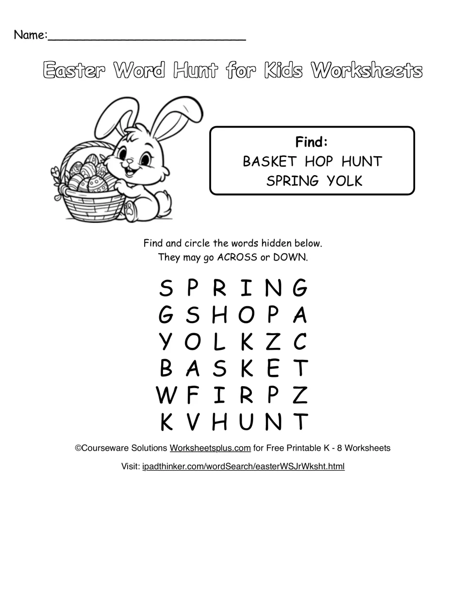 Easter word hunt: students circle basket, hop, hunt, spring and yolk hidden across or down in a 6-by-6 letter puzzle