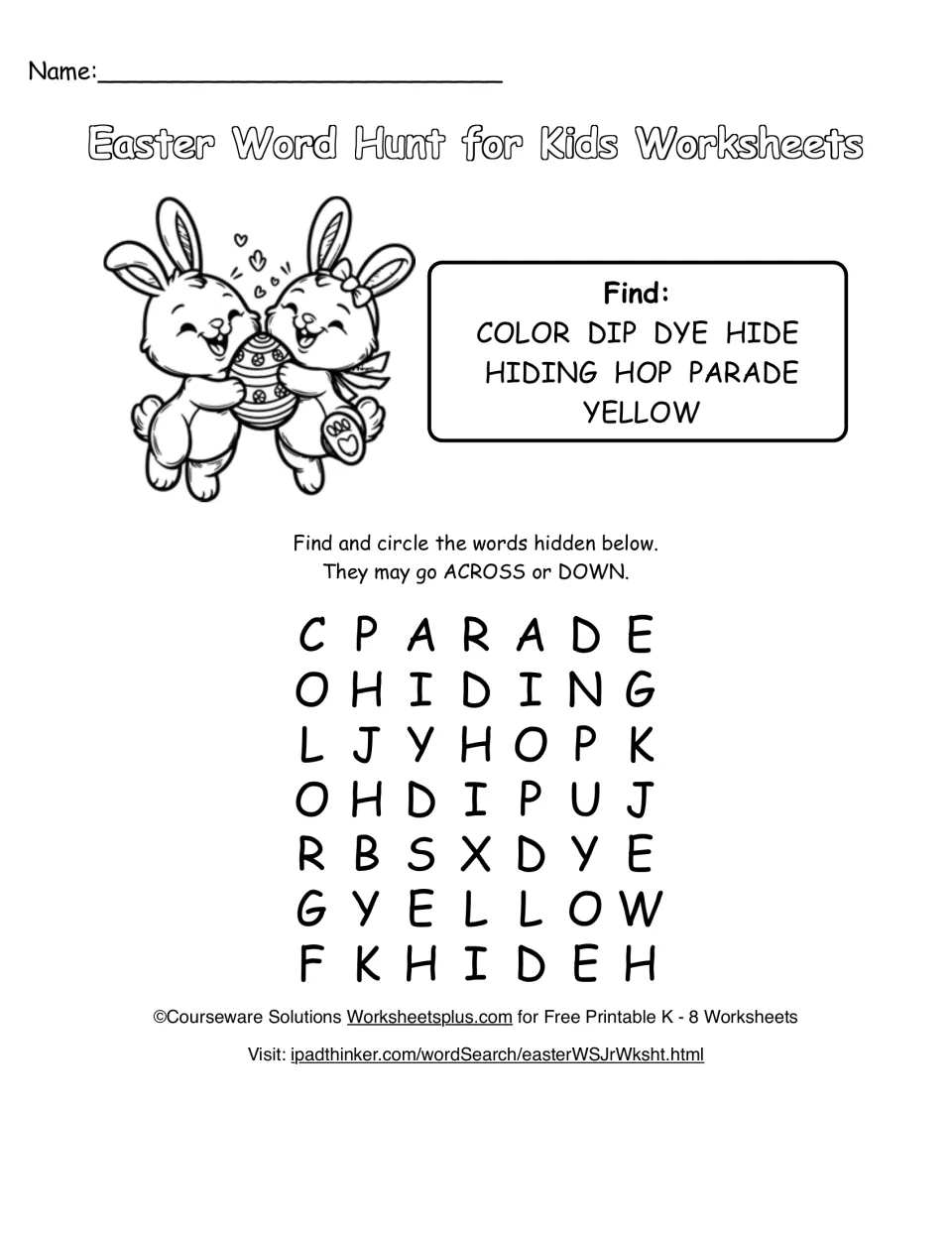 Easter word hunt: students find color, dip, dye, hide, hiding, hop, parade and yellow across or down in a 7-by-7 puzzle