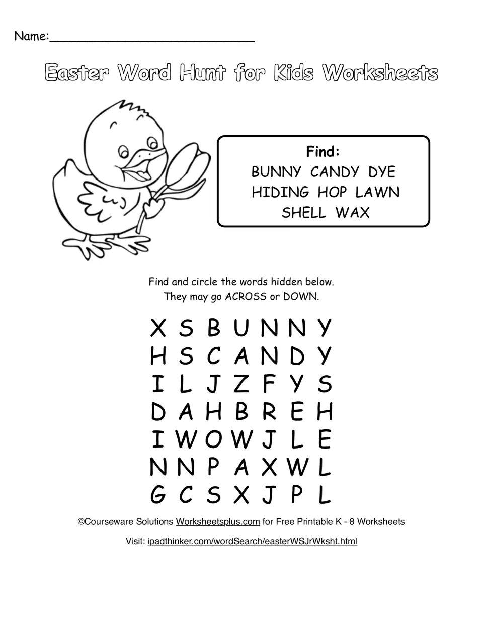 Easter word hunt: students circle bunny, candy, dye, hiding, hop, lawn, shell and wax across or down in a 7-by-7 puzzle