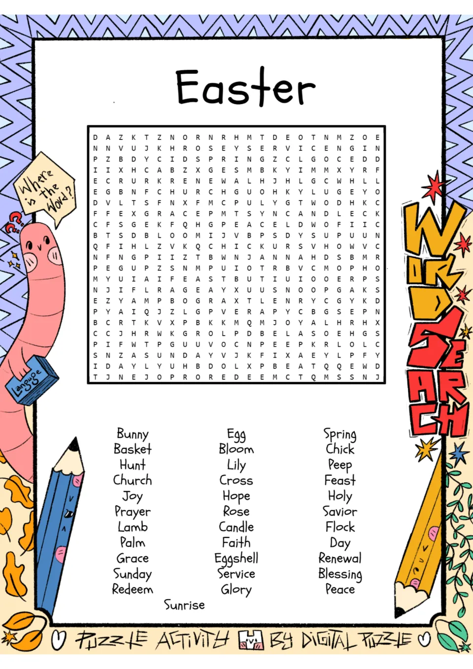 Easter word search: students find 34 holiday vocabulary words such as Bunny, Lamb, Cross and Sunrise in scrambled letters