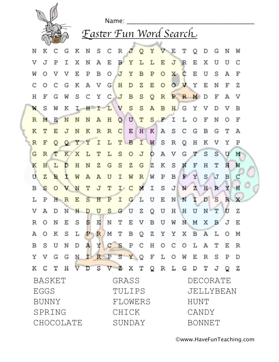 Easter Fun Word Search: students find 15 hidden holiday words such as bunny, basket, tulips, jellybean and bonnet