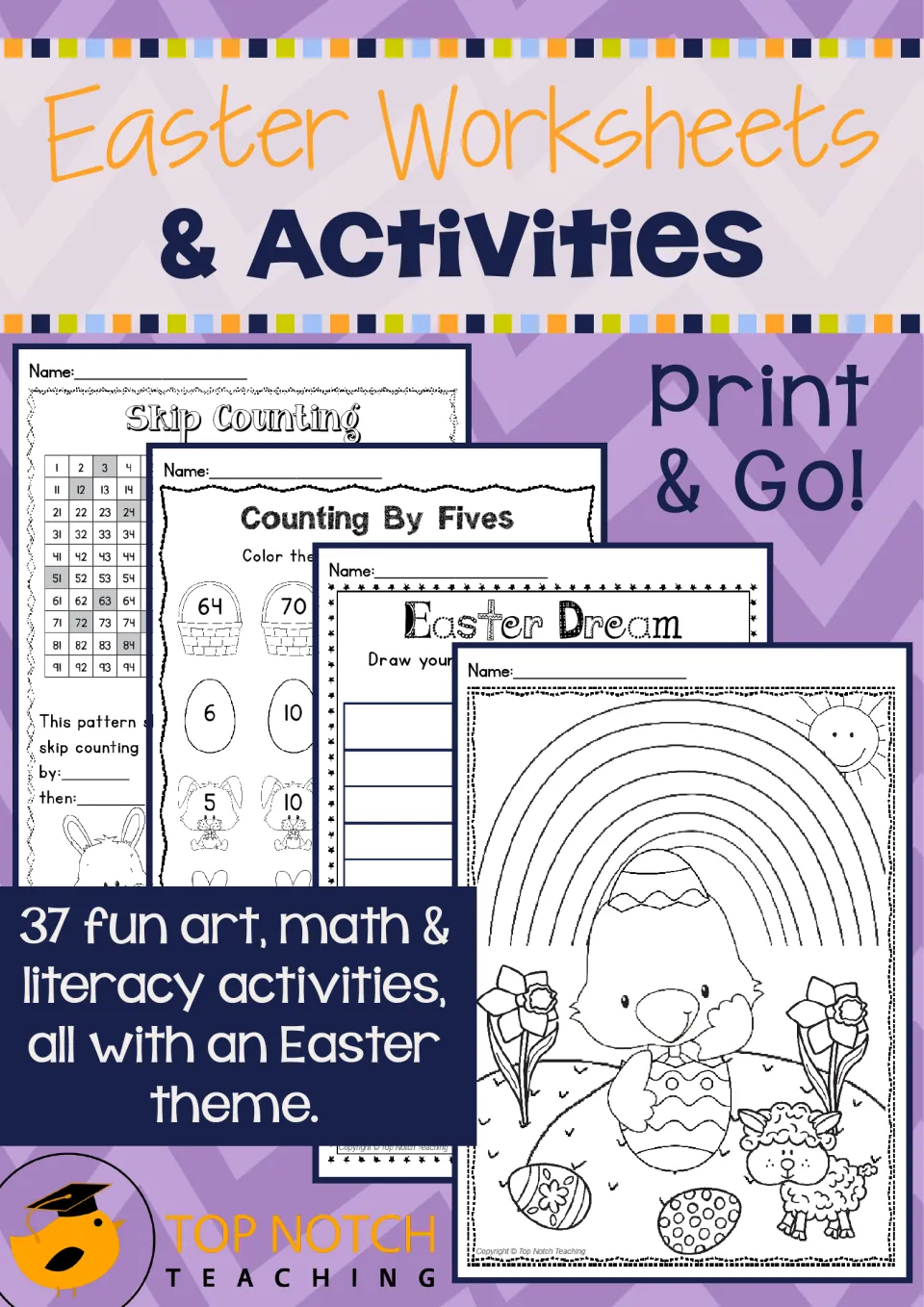 Easter Worksheets & Activities cover: 37 art, math and literacy pages, shown with skip counting and coloring samples