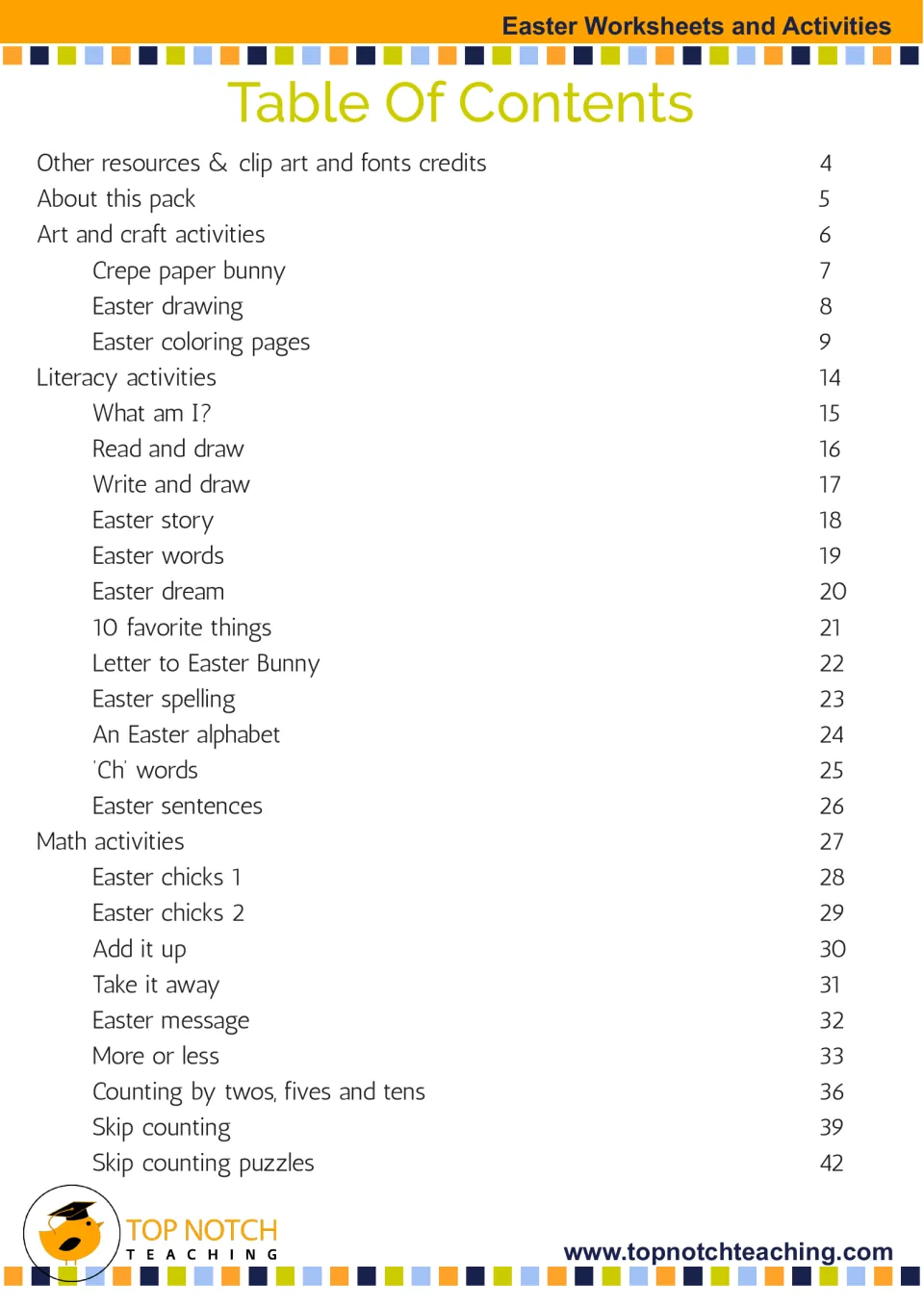 Table of contents listing art and craft, literacy and math sections, from crepe paper bunny to skip counting puzzles
