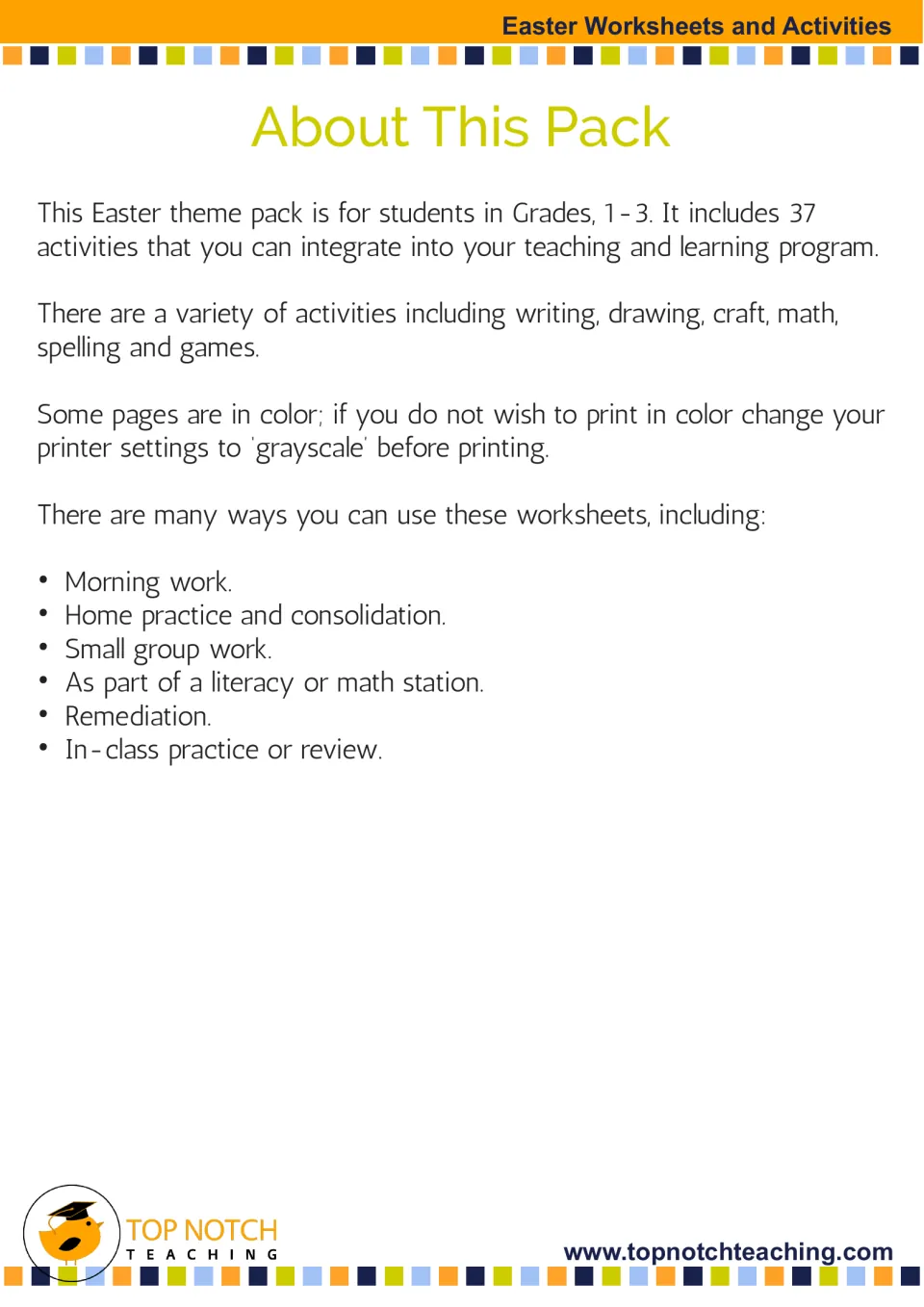 About this pack: an Easter theme set for Grades 1-3 with writing, drawing, craft, math, spelling and game activities