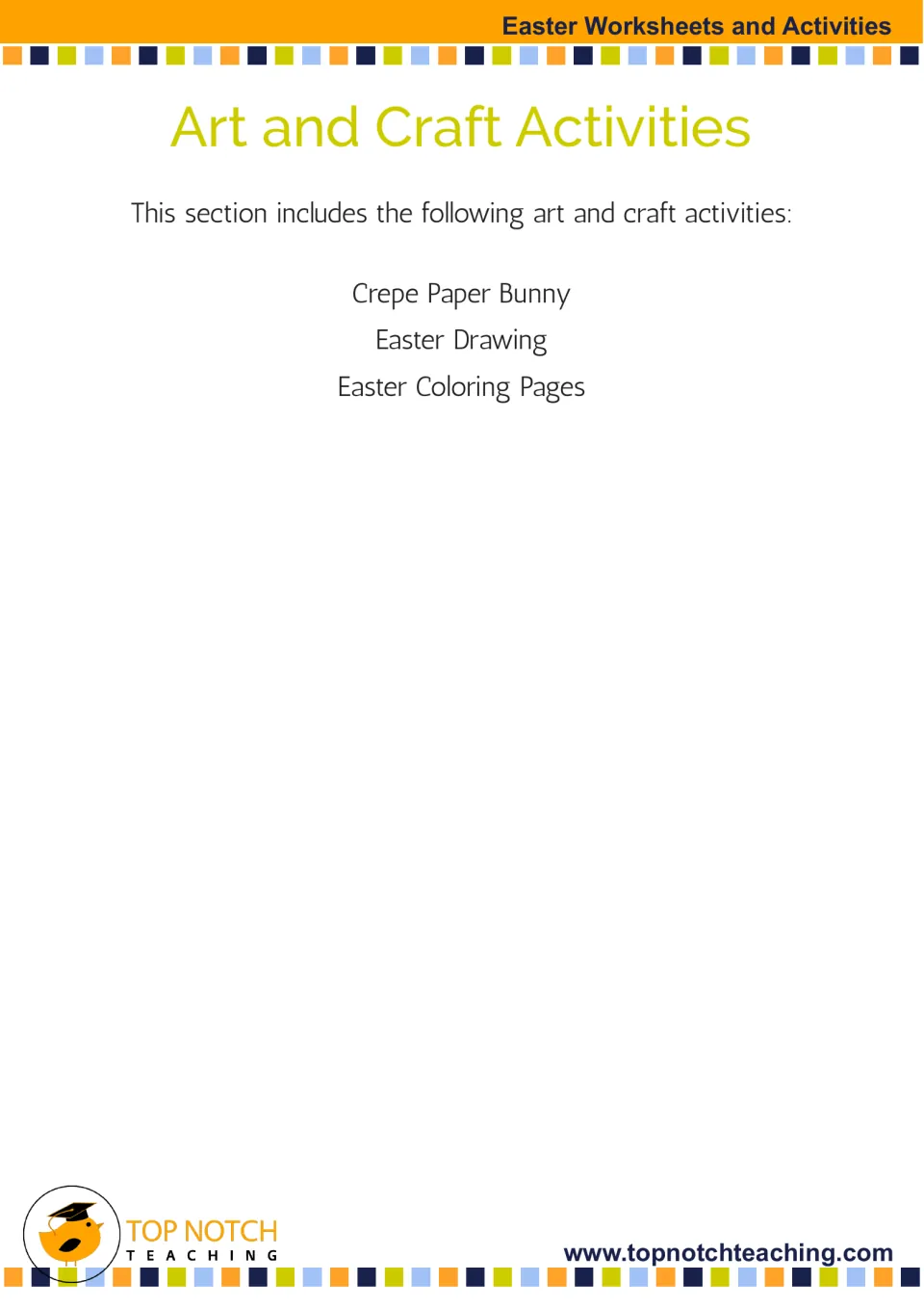 Art and craft activities section divider listing the crepe paper bunny, Easter drawing and Easter coloring pages