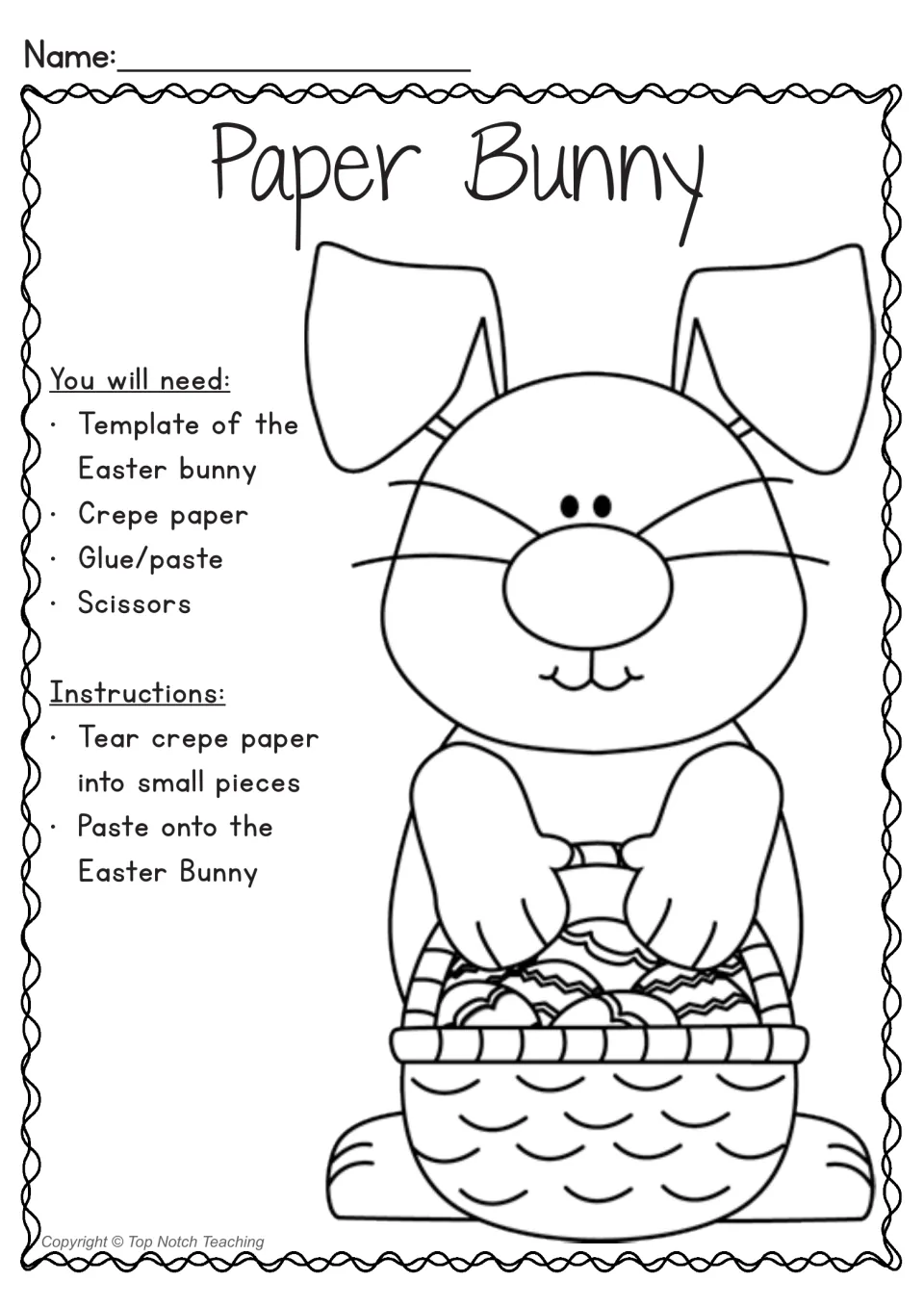 Paper Bunny craft: students tear crepe paper into small pieces and paste them onto an Easter bunny holding a basket