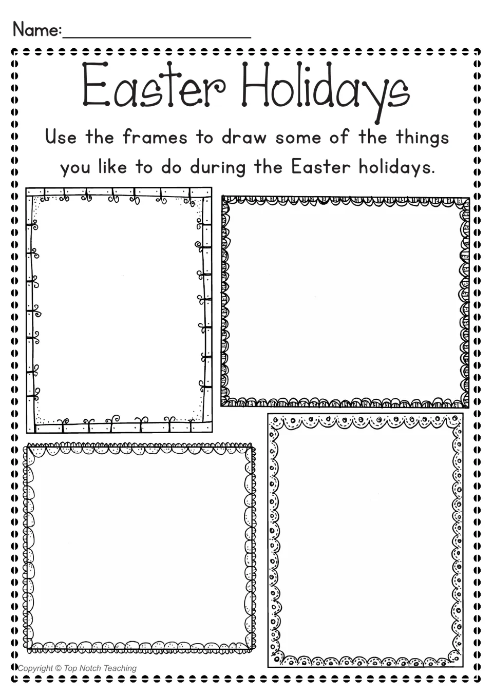 Easter Holidays drawing task: students draw things they like to do over the Easter break in four decorated frames