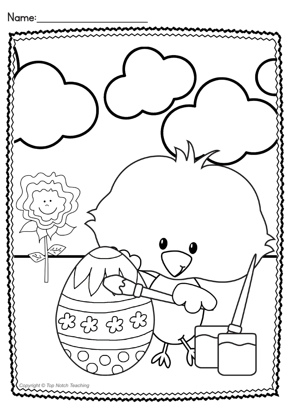 Easter coloring page of a chick painting a flowered Easter egg beside paint pots, a smiling flower and clouds